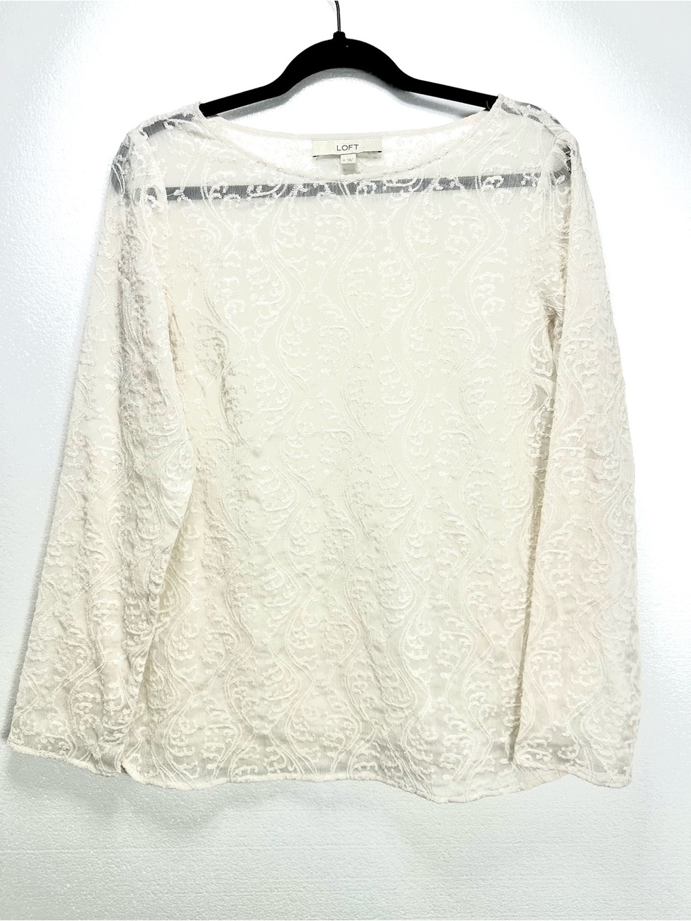 Ann Taylor Loft Long Sleeve Embroidered Ivory Sheer Lace Boat Neckline Blouse M